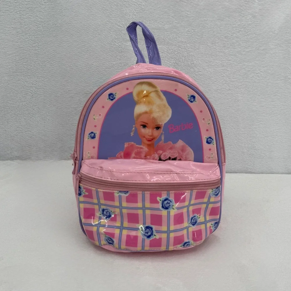 Vintage Barbie Mini Backpack 1996 Pink Plaid Rose Floral Glossy PVC Rare 90s Bag